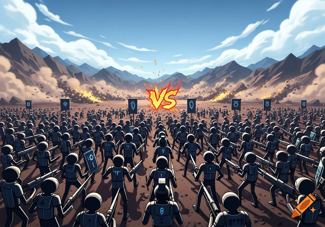 A vast army of stylized stick figures marches towards another in a desert valley under a blue sky, with a large "VS" in an explosion.