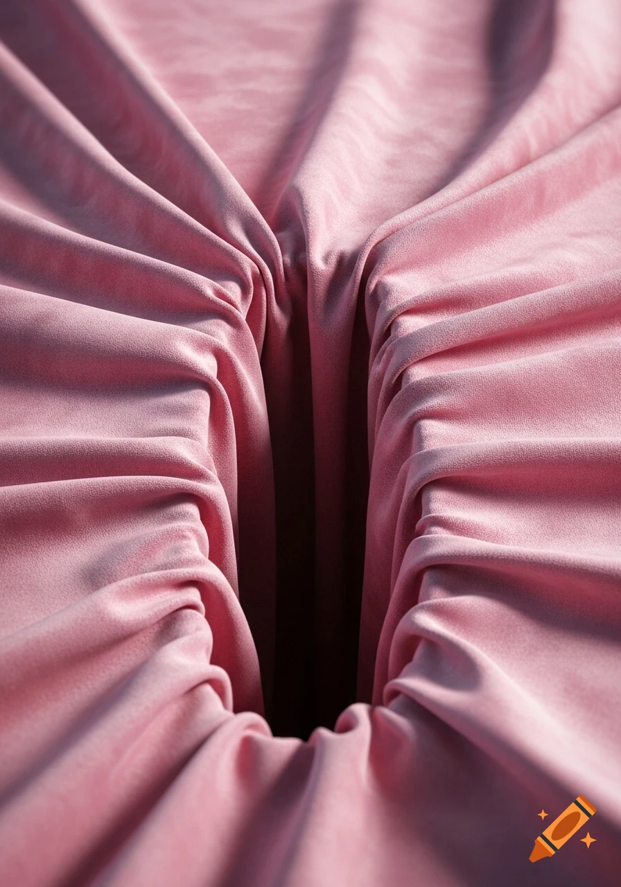 Close-up of pink velvet fabric with deep folds and a dark central chasm.