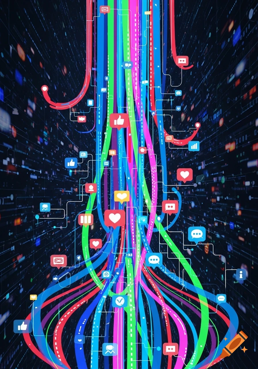 Colorful data streams with social media icons like thumbs up, hearts, and chat bubbles, on a dark digital background.