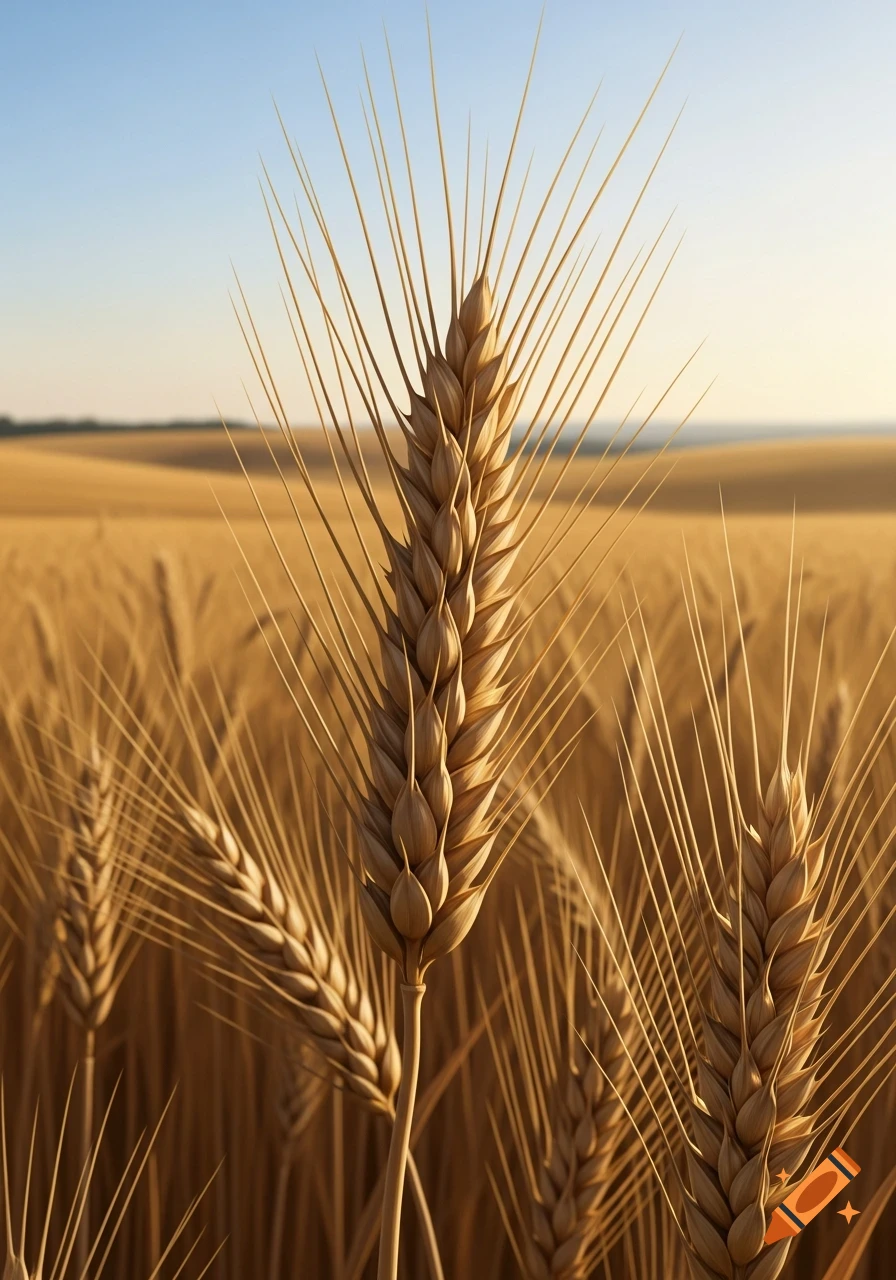 Close-up photorealistic shot of golden wheat ears in a field under a blue sky.