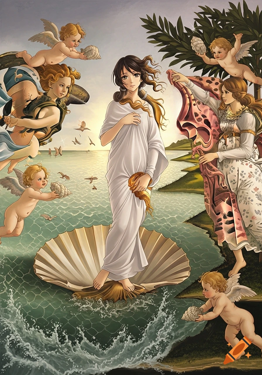 Anime-style interpretation of Botticelli's Birth of Venus, featuring a woman on a seashell, surrounded by cherubs and attendants.