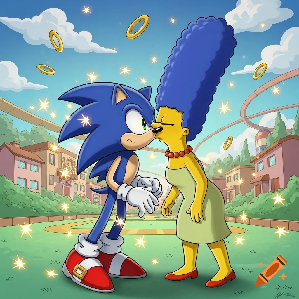 Cartoon of Sonic the Hedgehog kissing Marge Simpson in a suburban park with golden rings and sparkling effects.