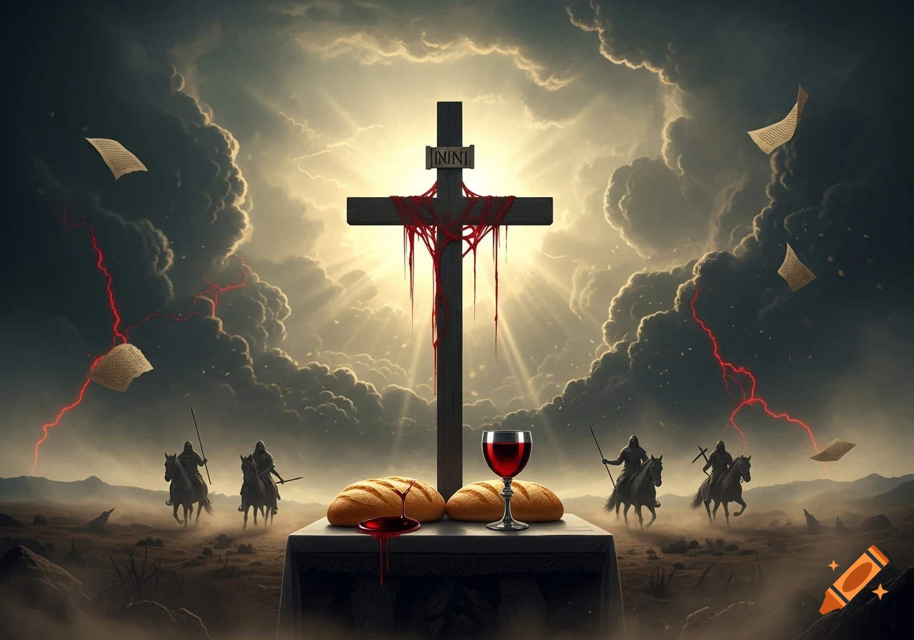 An apocalyptic scene with a cross draped in red, bread, and wine on an altar. Four horsemen ride in a stormy landscape with lightning and sun rays.