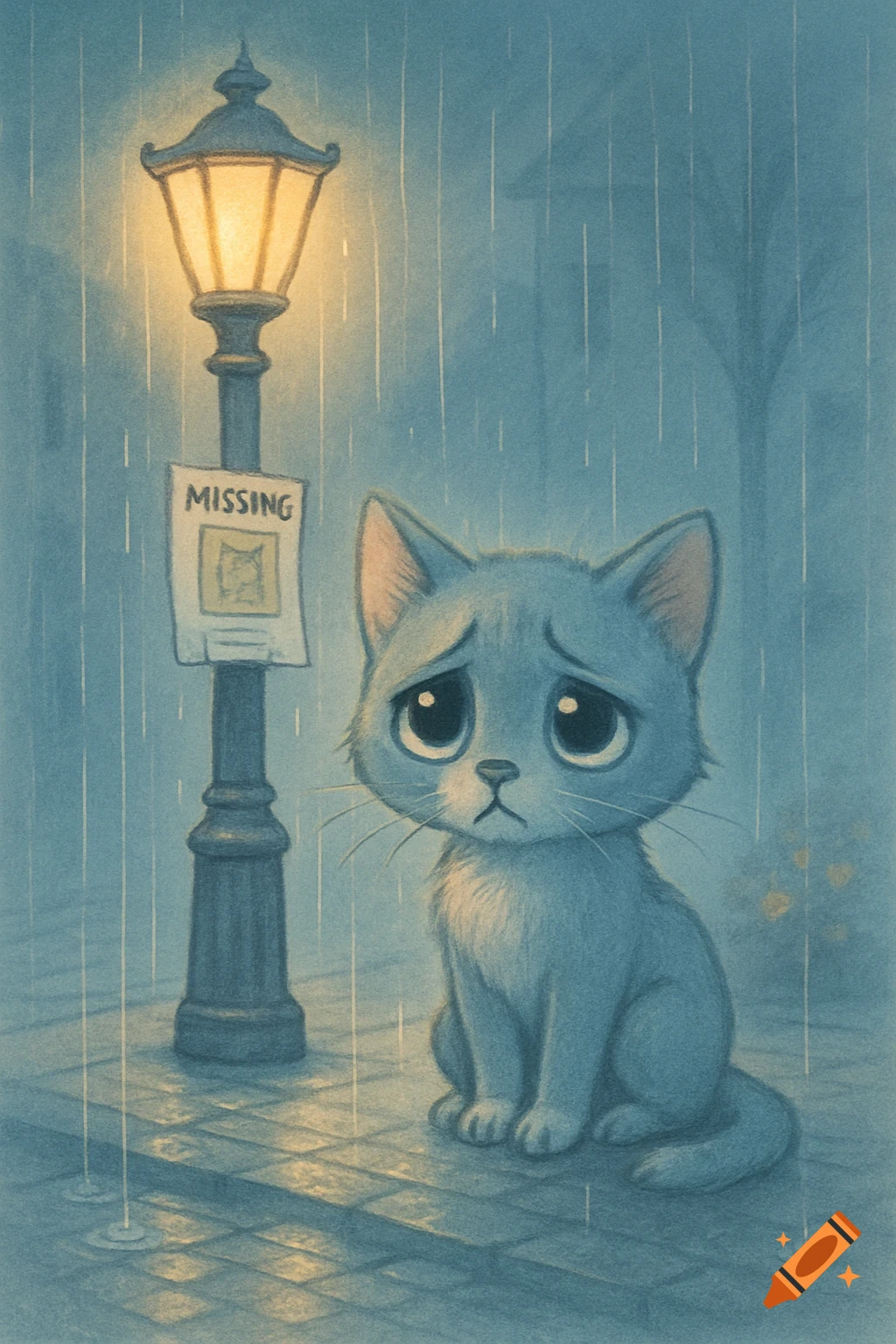 A sad cartoon cat sits in the rain next to a lamppost with a 'MISSING' poster.