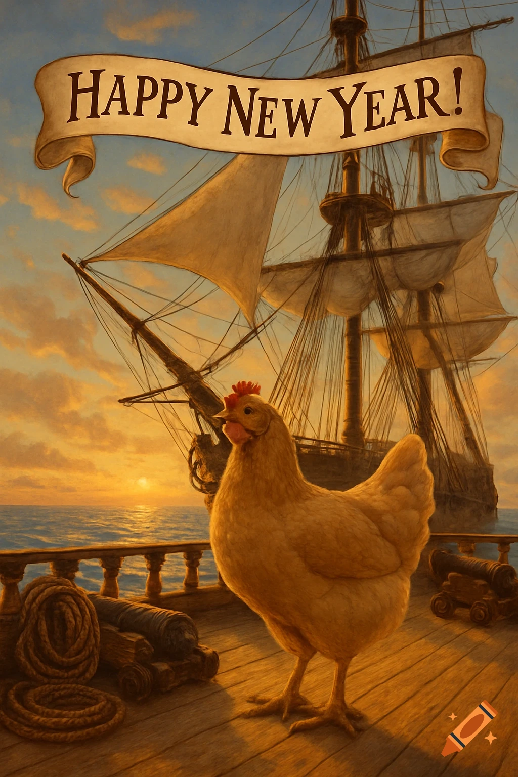 A beige chicken stands on the wooden deck of an 18th-century warship at sunset, with a "Happy New Year!" banner above.