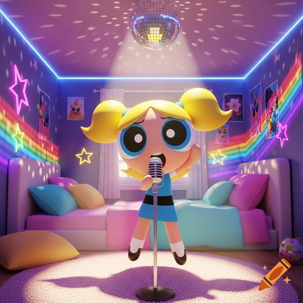3D render of Powerpuff Girls Bubbles singing into a microphone in a vibrant, purple bedroom with neon lights and a disco ball.