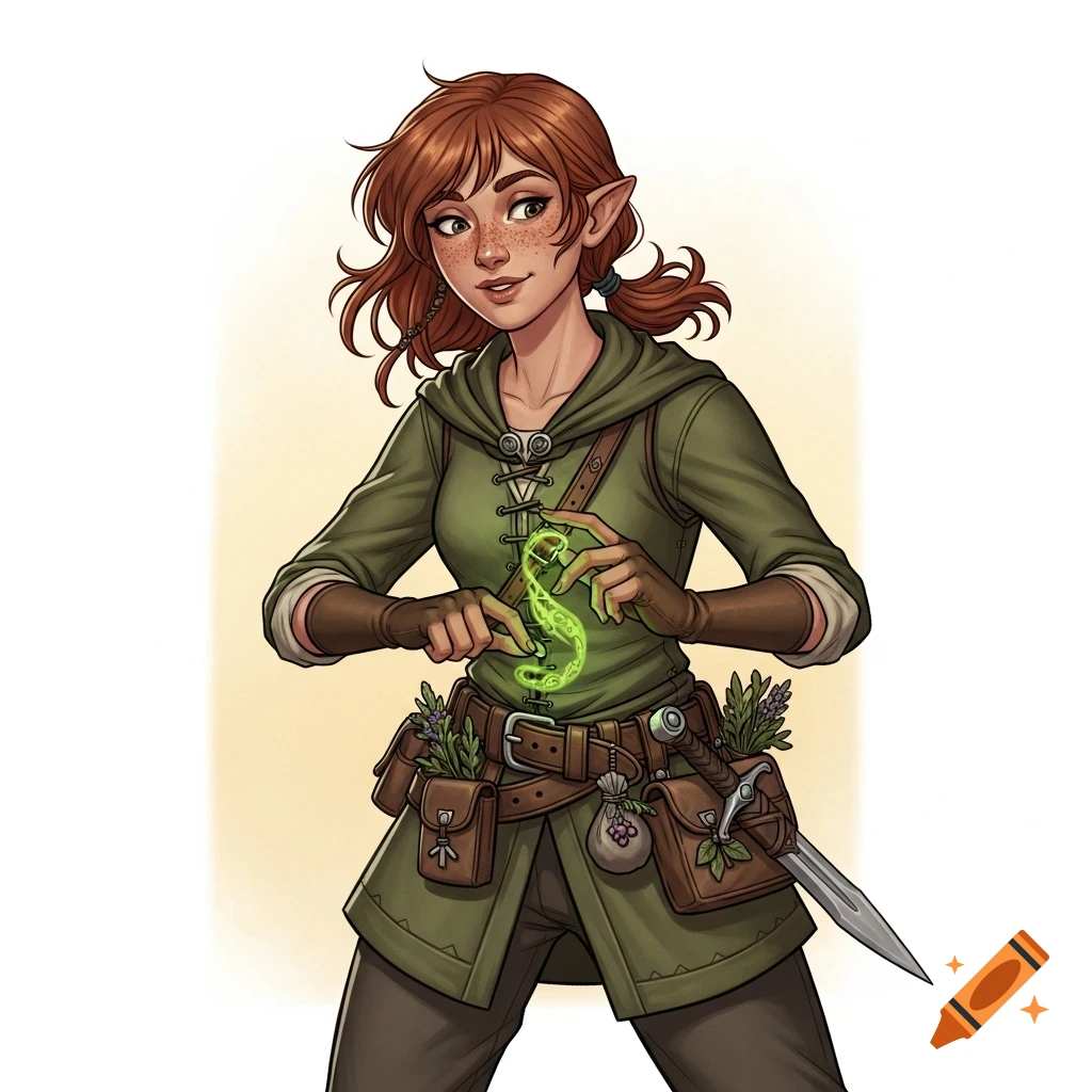 A fantasy illustration of a young, freckled woman with reddish-brown hair and pointy ears, dressed in green robes, holding hands with green magic.