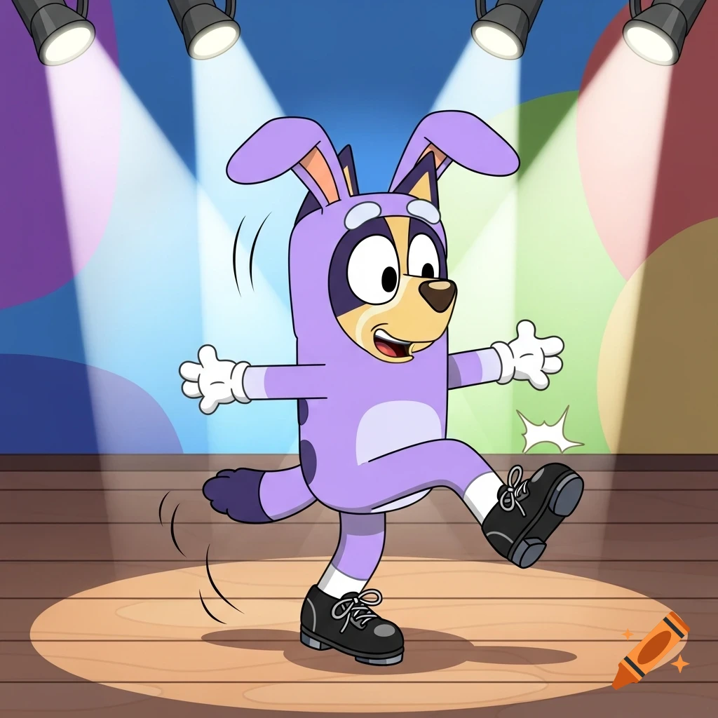 Bluey Heeler cartoon character tap dancing in a purple rabbit costume ...