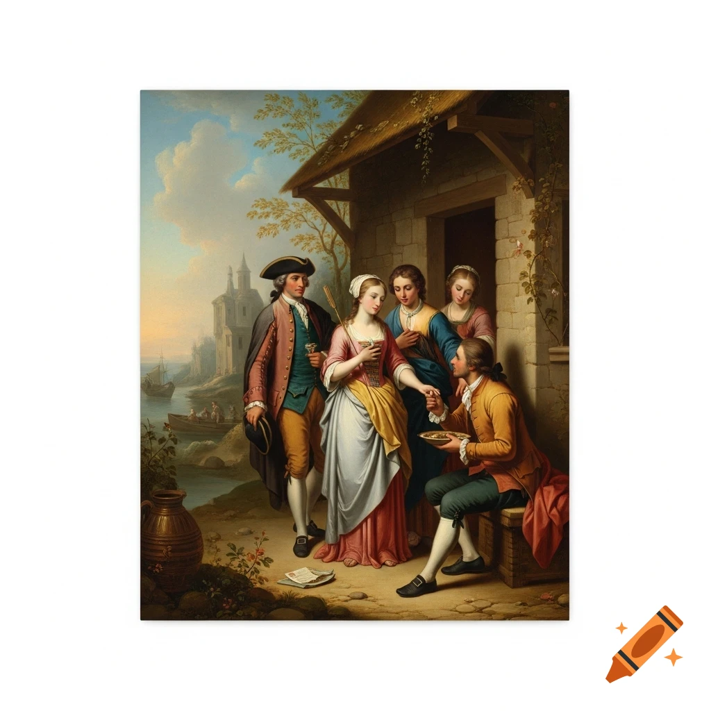 A group of five people in 18th-century clothing gather outside a stone house by a river, in the style of a classical painting.