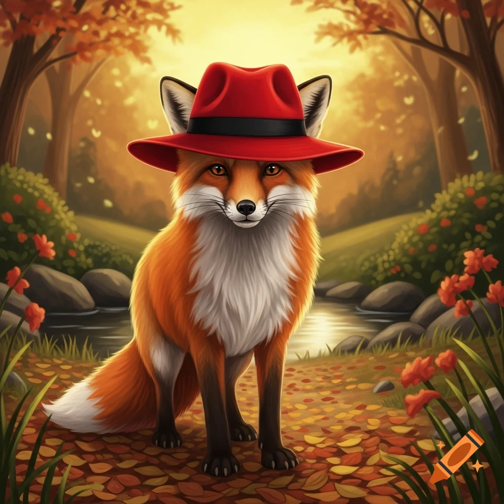 A stylized red fox wearing a red hat stands in an autumn forest beside a stream, surrounded by colorful leaves.