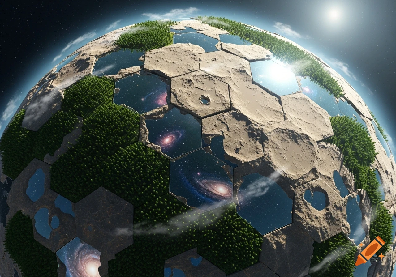 A hexagonal-tiled planet viewed from space, featuring patches of green forests, barren land, and reflective tiles showing distant galaxies and stars.