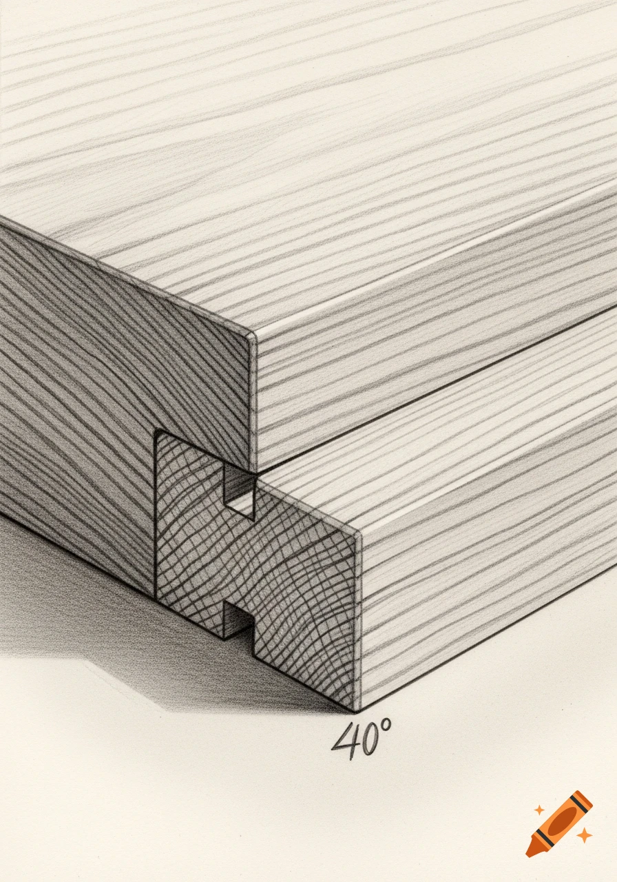A detailed pencil sketch of two pieces of wood joined at a 40-degree angle, showing the interlocking wood joints.