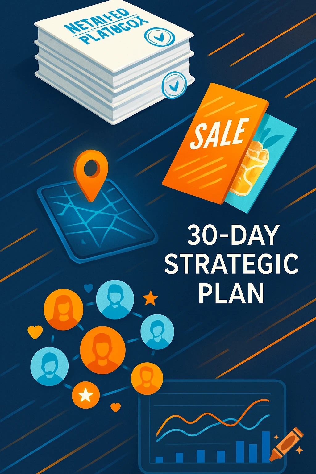 An infographic illustration on a dark blue background with various icons: a stack of playbooks, a map pin on a map, an orange card with 'SALE', a network of profile icons, a chart with lines and bars, and large text '30-DAY STRATEGIC PLAN'.