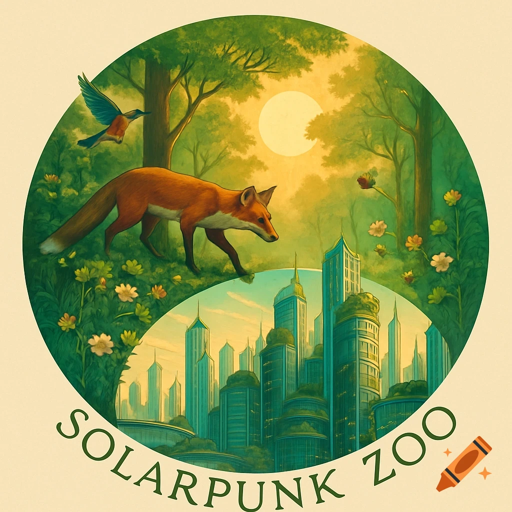 A circular illustration depicting a lush green forest with a fox and bird over a teal solarpunk cityscape, with 'SOLARPUNK ZOO' text at the bottom.