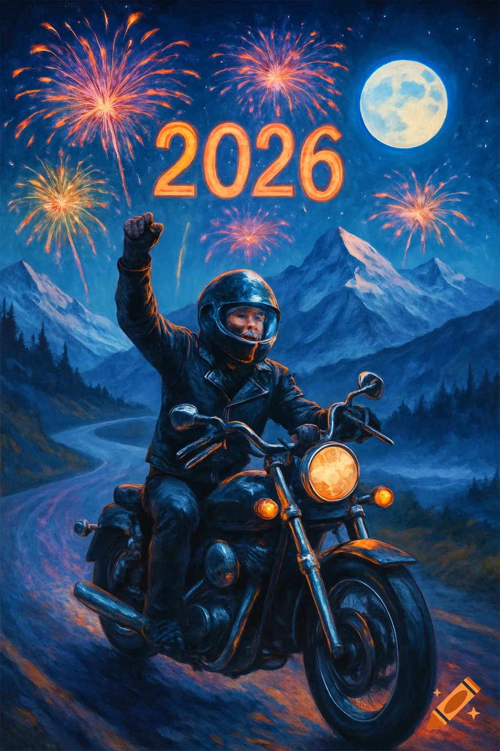 A biker in a helmet on a motorcycle raises a fist on a winding mountain road at night, with fireworks and a full moon, and the glowing numbers "2026" in the sky, in a painterly style.