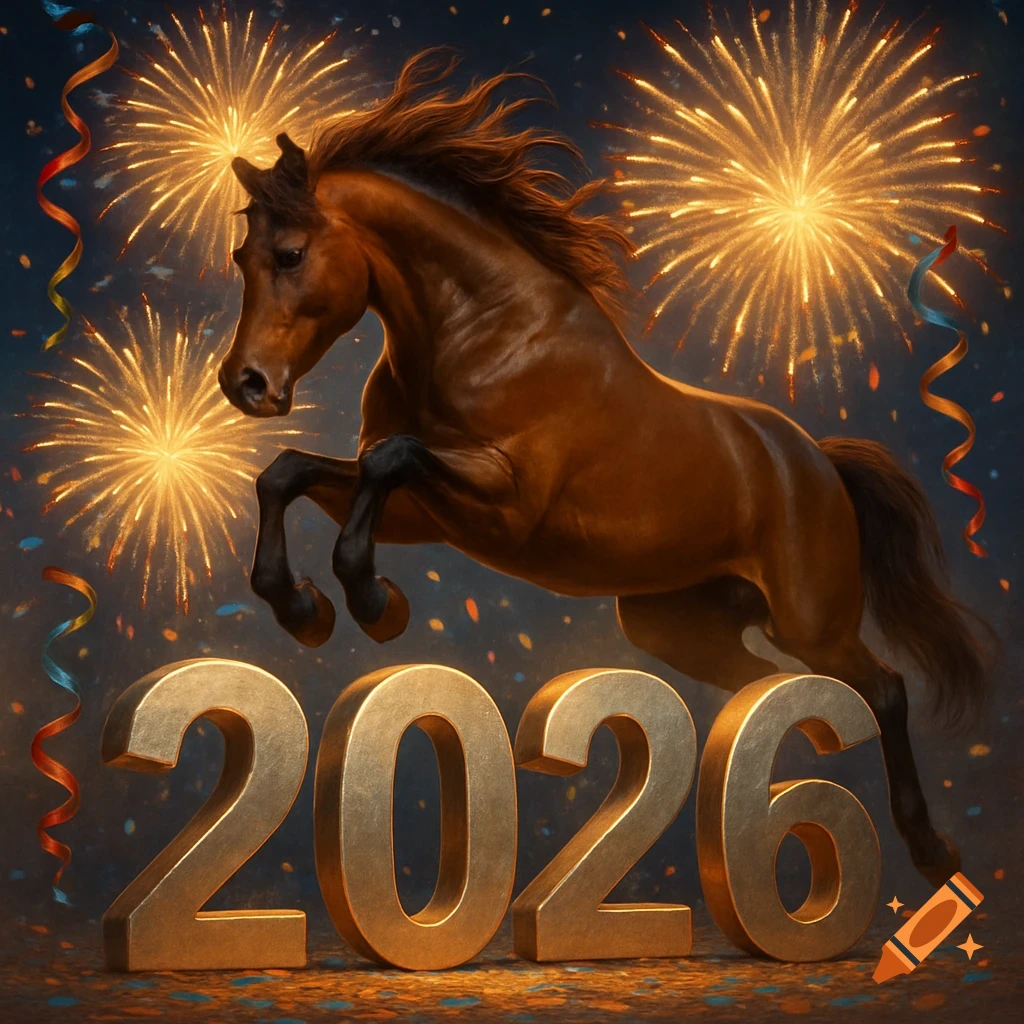 A brown horse jumps over large golden '2026' numbers against a night sky with bright fireworks and colorful streamers.