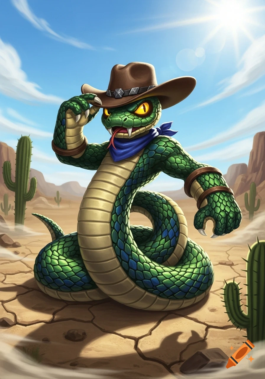 A cartoon green snake with a scaly body and a cream underbelly wears a brown cowboy hat and blue bandana, tipping its hat in a sunny desert scene with cacti.
