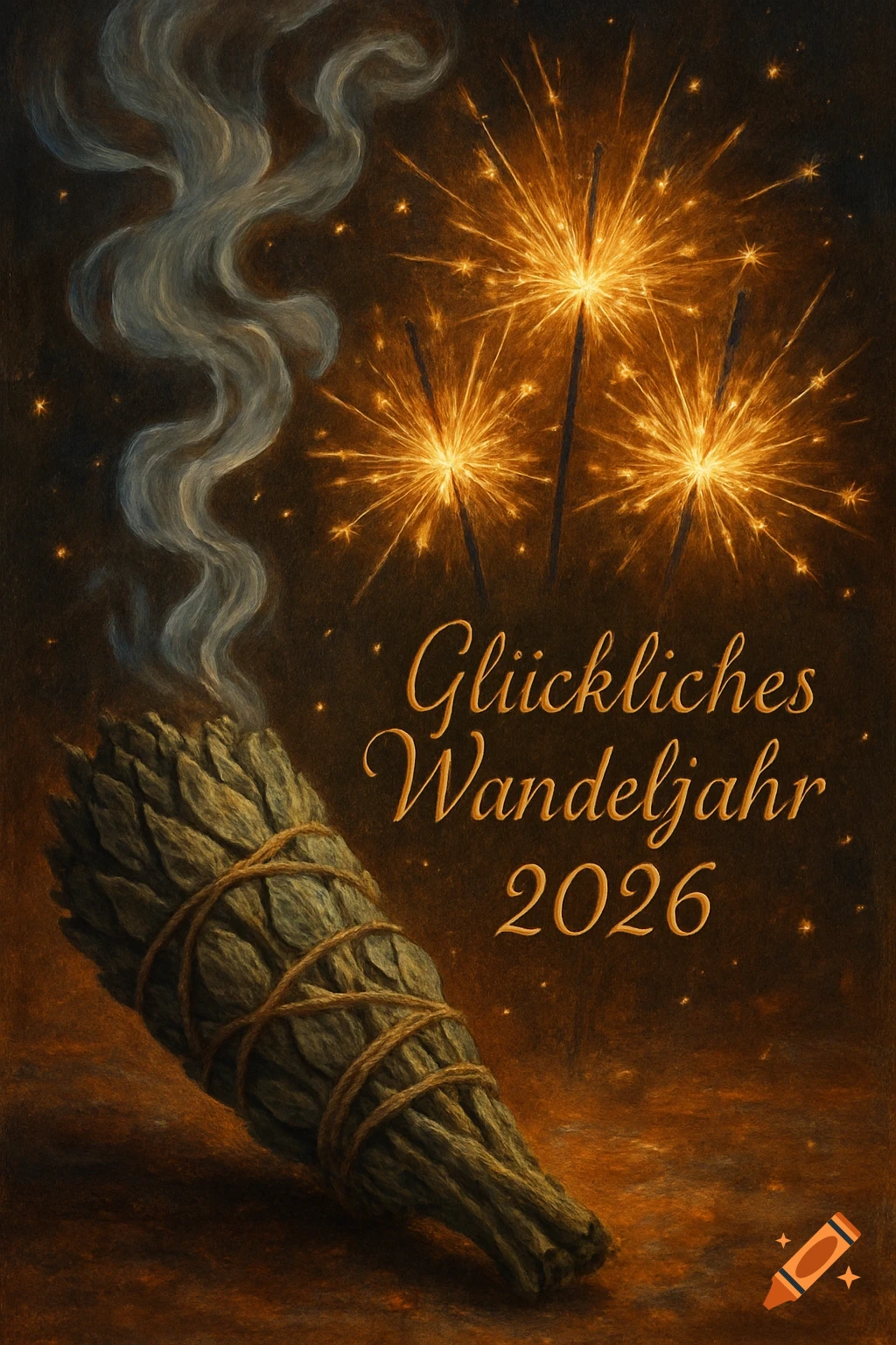 A smoking sage bundle and three lit sparklers glow against a dark, painterly background with the text 'Glückliches Wandeljahr 2026'.