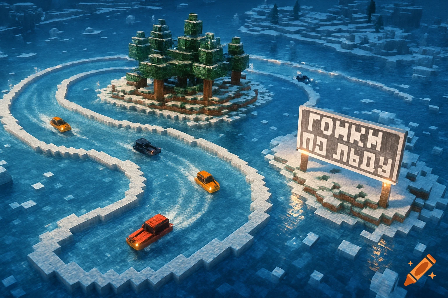 Photorealistic pixel art of Minecraft-style boats racing on a winding icy track around a snowy island with pine trees.