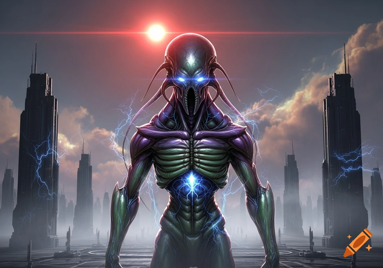 A menacing, biomechanical alien creature with glowing blue eyes and chest, surrounded by lightning, in a futuristic city under a red sky.