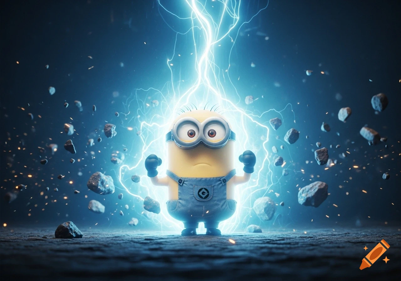 A Minion stands powerfully amidst swirling blue electricity and floating rocks on a dark ground, in a hyperrealistic style.