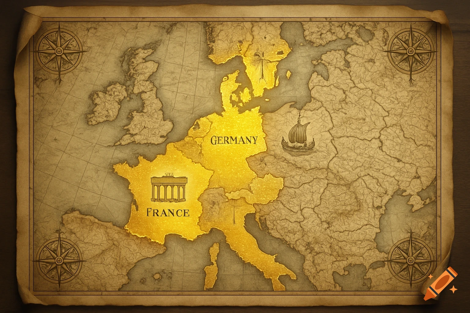 Vintage map of Europe with Germany, France, and parts of Scandinavia highlighted in gold, featuring compass roses and a ship.