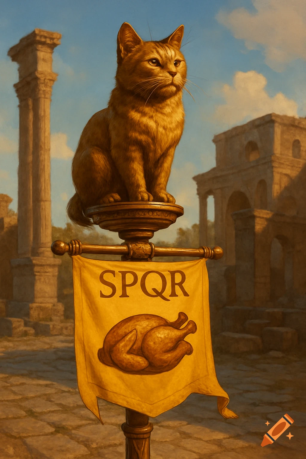 A golden cat statue on a Roman signum pole with a yellow banner showing 'SPQR' and a roasted chicken, set amidst ancient ruins.