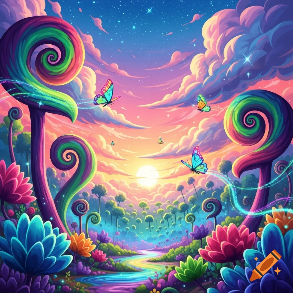 A vibrant, psychedelic fantasy landscape with glowing, colorful plants, a rainbow river, and iridescent butterflies flying under a star-filled sky.