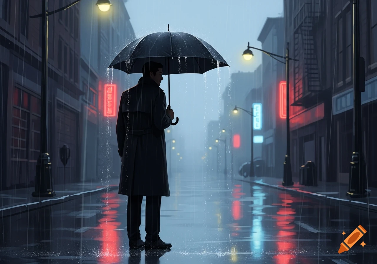 A man in a trench coat holds an umbrella on a rainy city street at night, with neon signs reflecting in puddles.