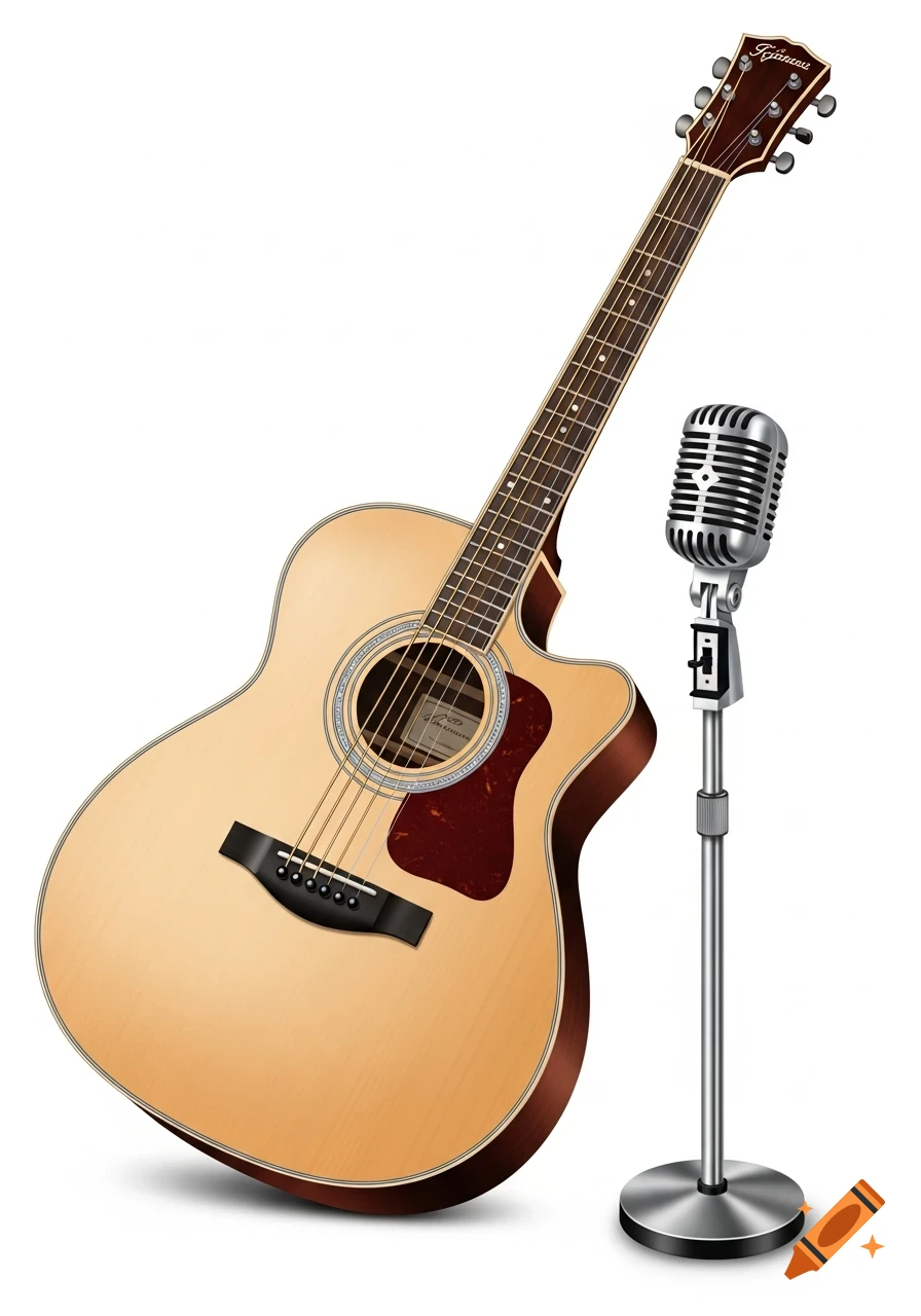 An acoustic guitar with a light wood body and a brown pickguard leans against a silver vintage-style microphone on a stand, on a white background.
