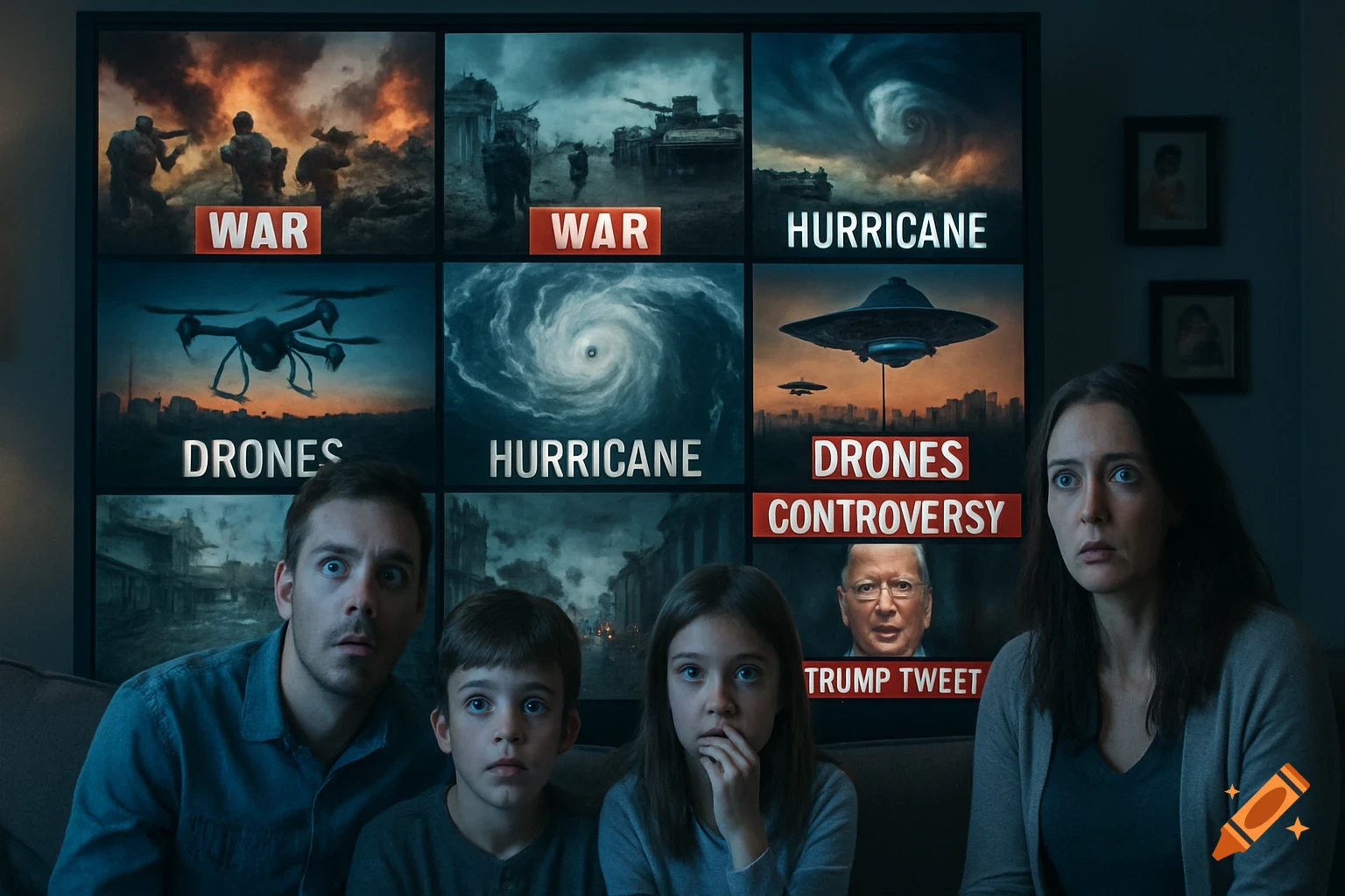A terrified family watches a TV grid of news stories including war, hurricanes, drones, and a Trump tweet, depicted photorealistically.