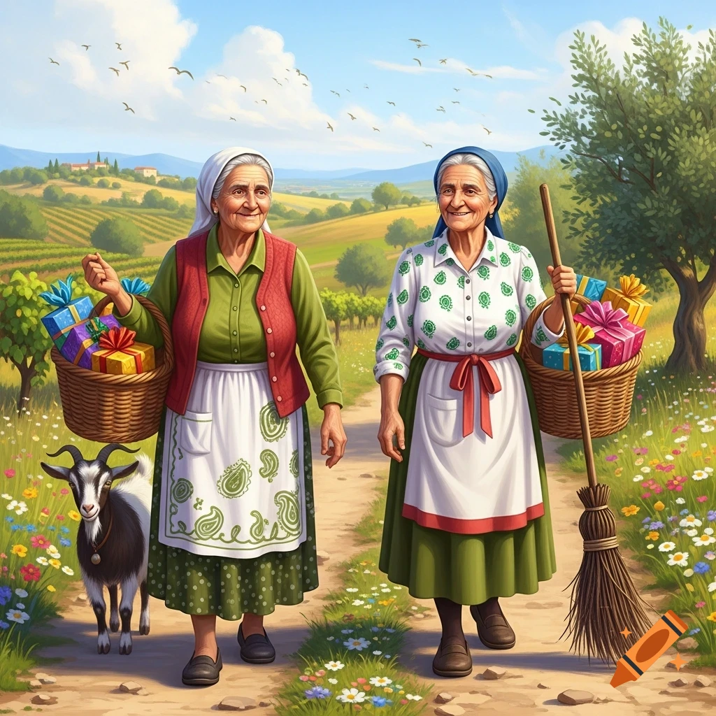 Two smiling elderly women in traditional attire walk on a dirt path with a goat, carrying baskets filled with gifts through a sunny, rolling vineyard landscape.