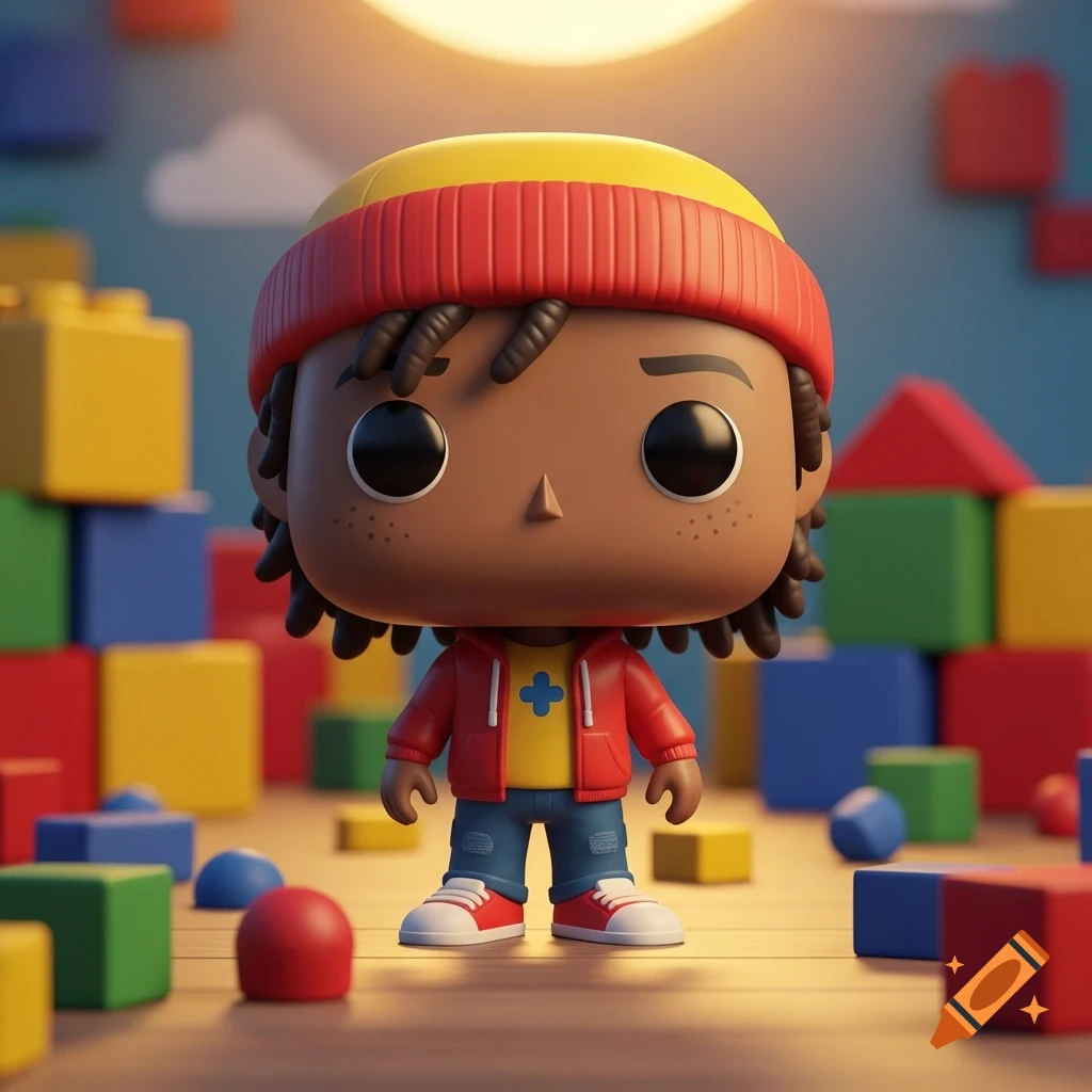 A Funko Pop-style figure of a young boy with dreadlocks and a red beanie, surrounded by colorful building blocks.