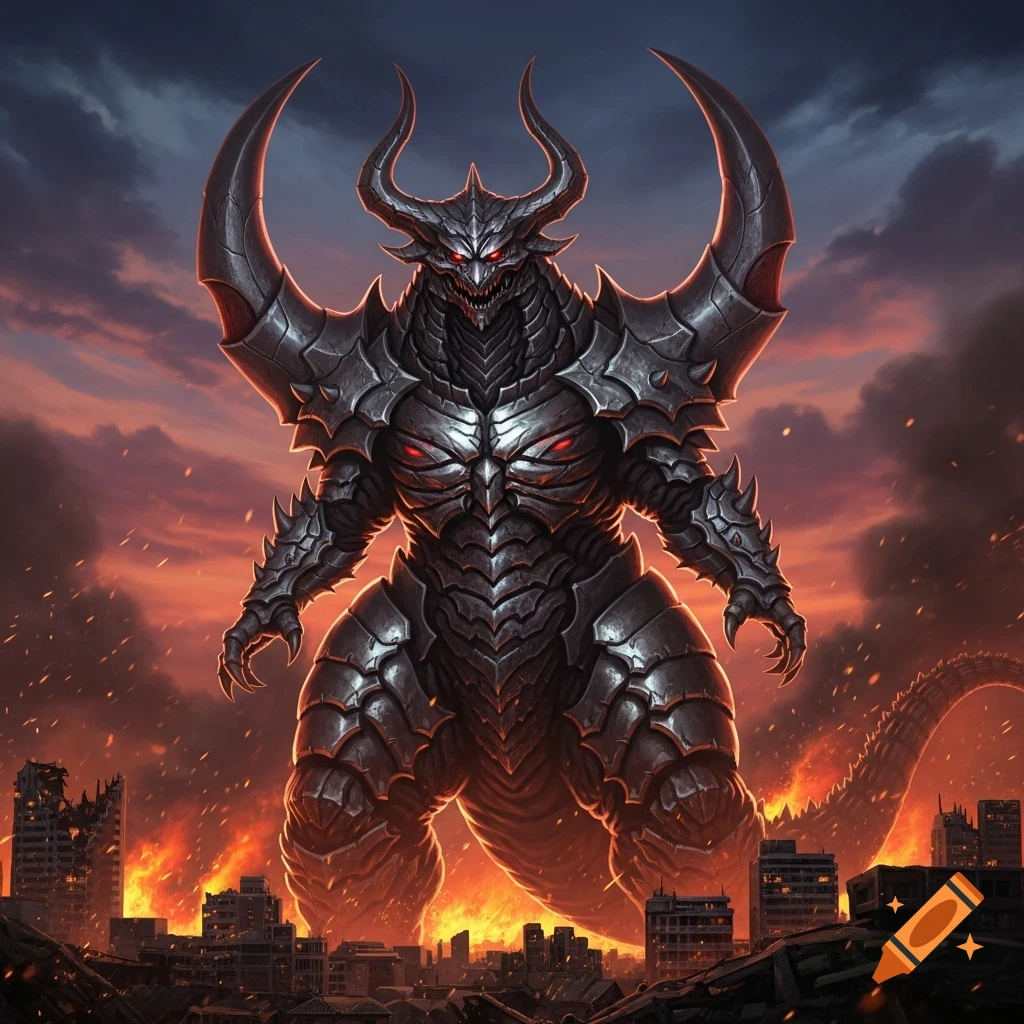 A massive armored demon kaiju with horns and crescent shoulder spikes stands amidst a burning, destroyed city at sunset.