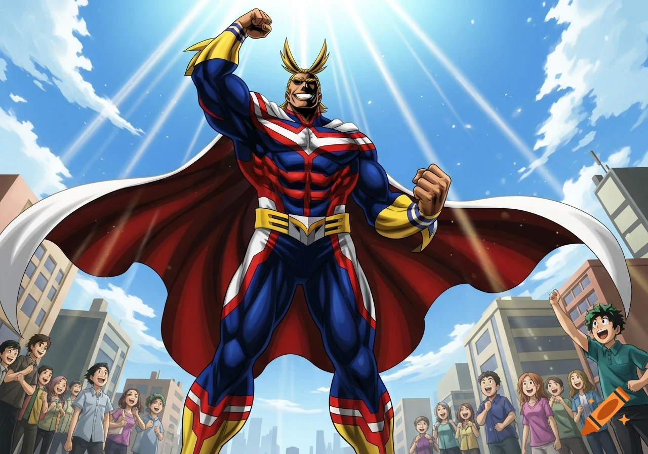 All Might, the muscular superhero, stands heroically with his fist raised, bathed in sunlight, as a crowd of cheering citizens looks up at him in an anime style.