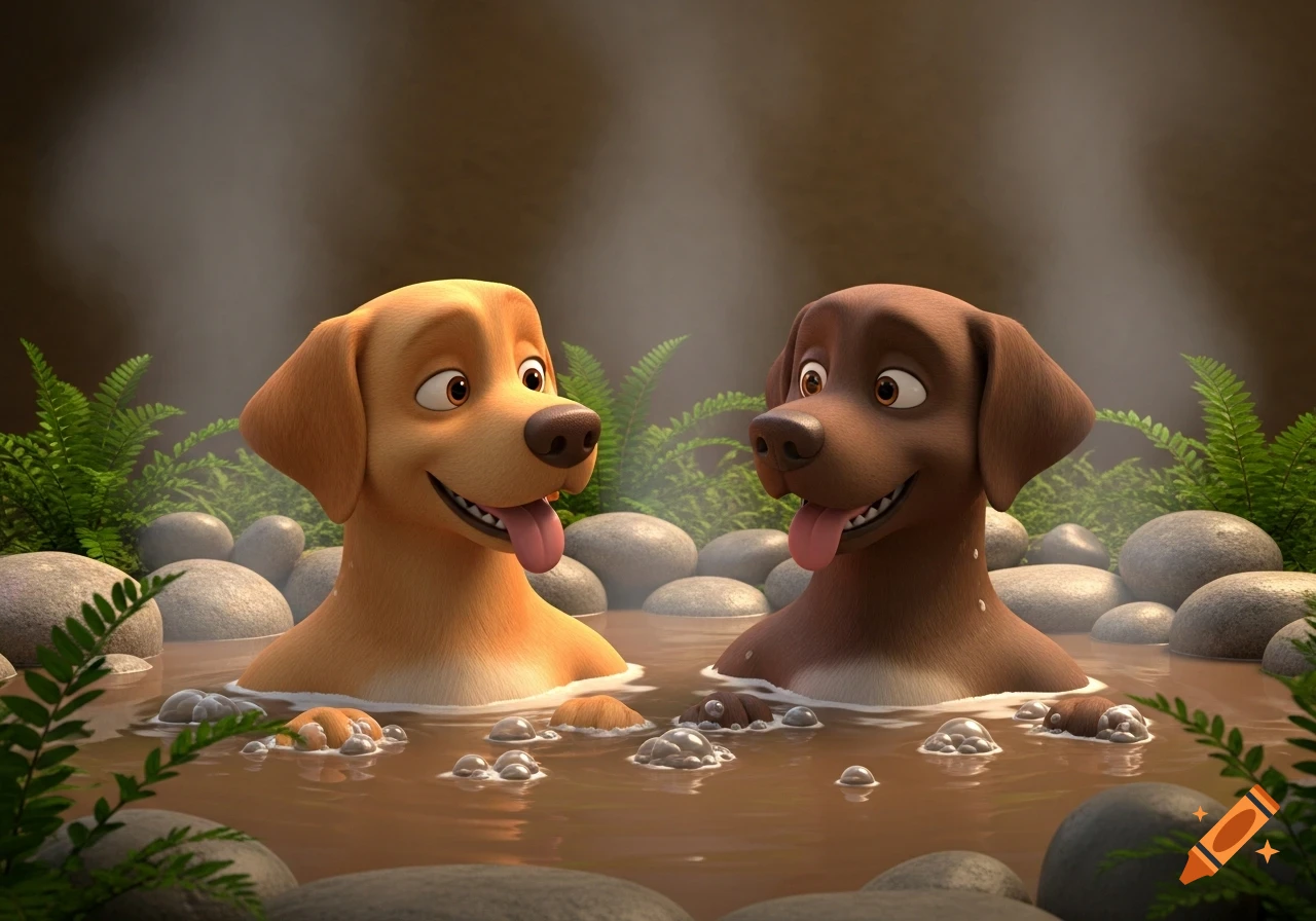 Two happy 3D animated Labrador dogs, one golden and one brown, relaxing in a steamy mud hot tub surrounded by ferns and rocks.