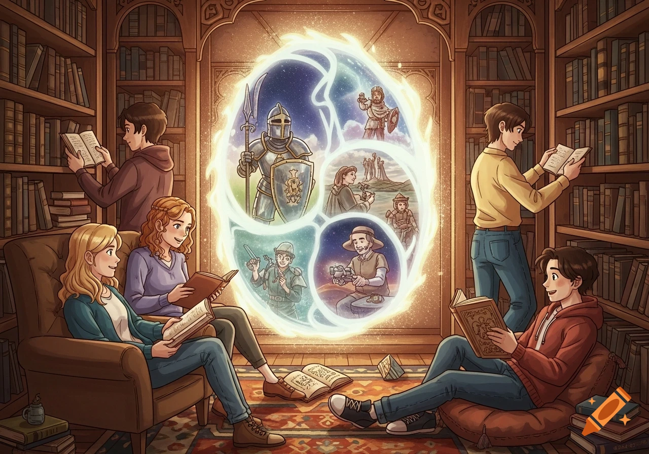 Students reading in a cozy library with bookshelves. A glowing, magical portal in the center shows scenes of a knight, soldiers, and other historical figures.