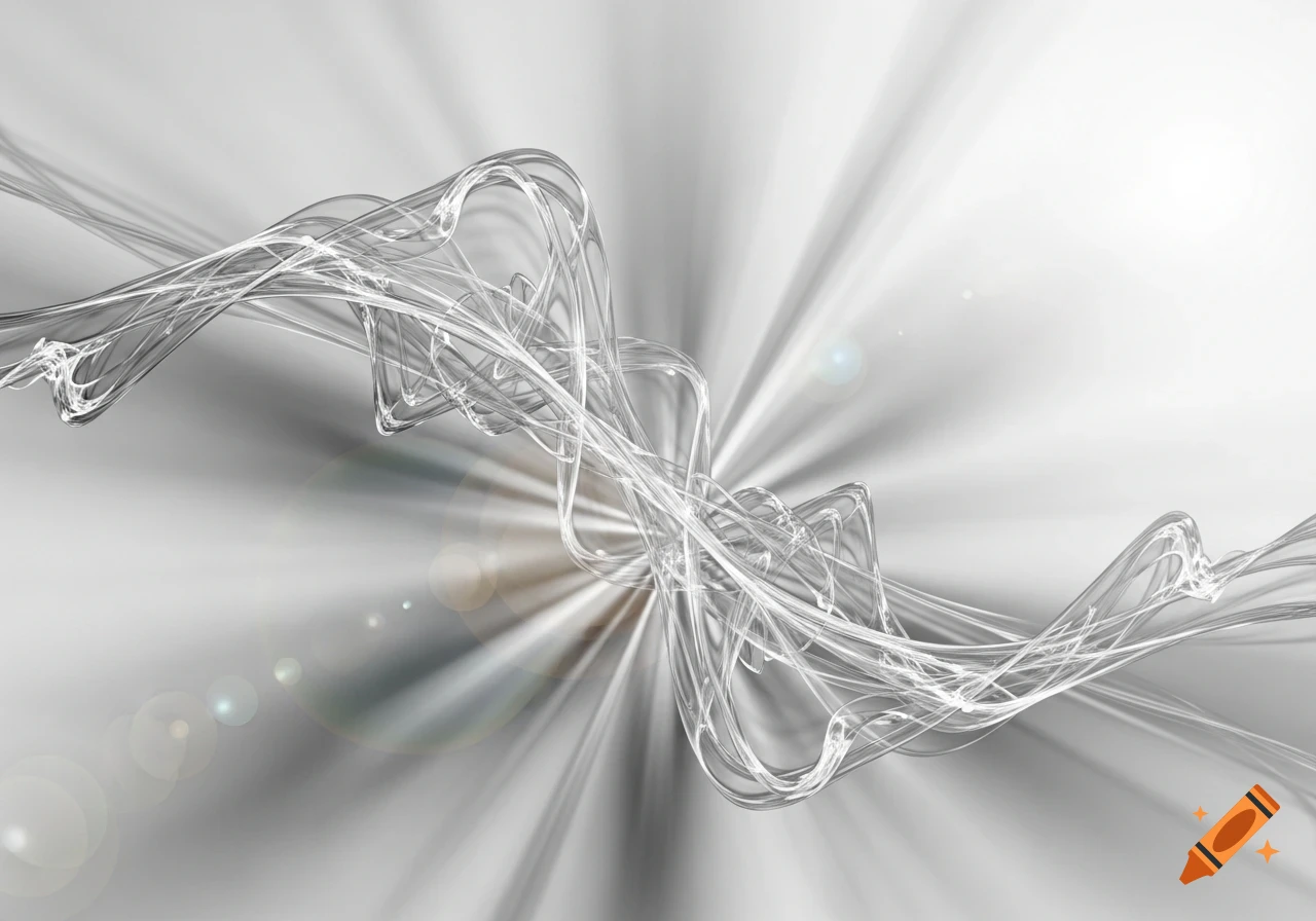 Abstract silver and white image with swirling translucent lines and a central radial light burst with lens flares.