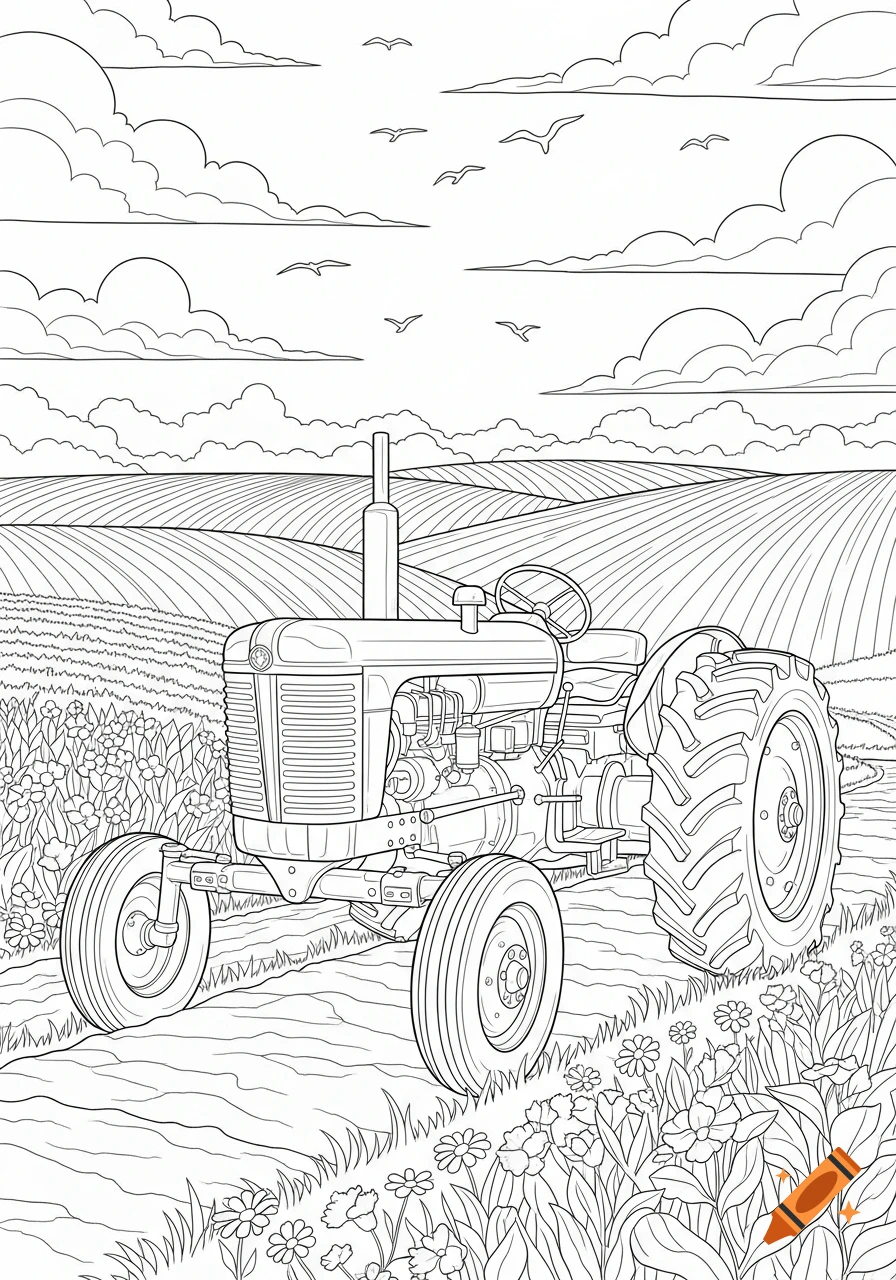 Black and white coloring page of a vintage tractor in a rural field with flowers, clouds, and birds.