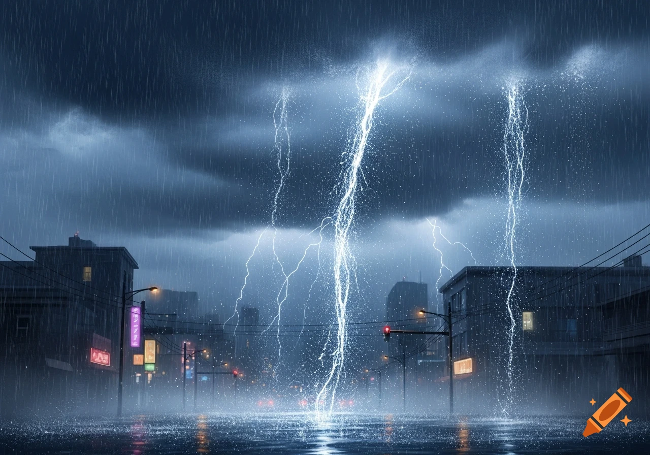 Powerful lightning strikes a dark, rain-soaked city street at night, with building lights reflecting on the wet ground.