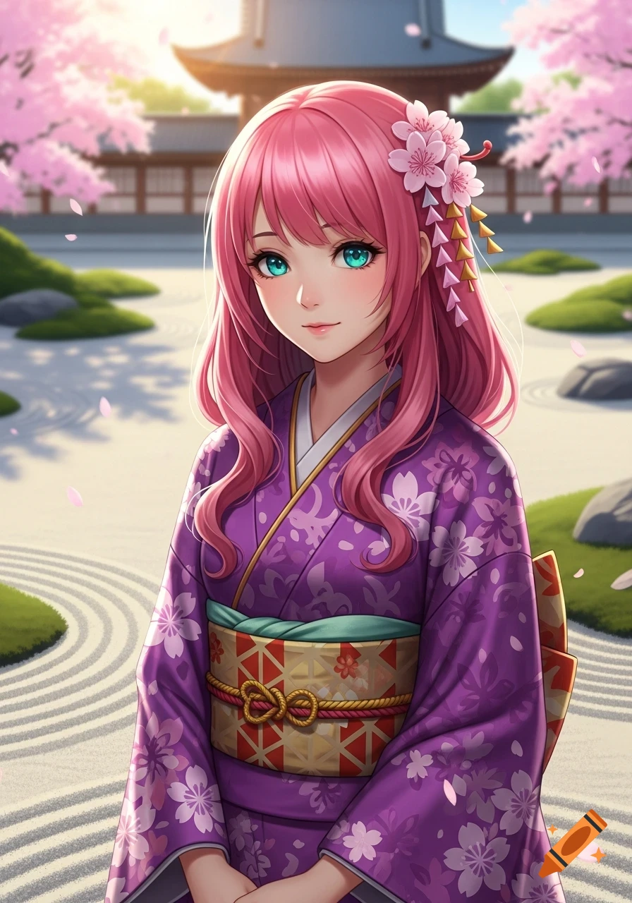 An anime girl with pink hair and turquoise eyes in a purple kimono with cherry blossoms, standing in a sunny Japanese garden.