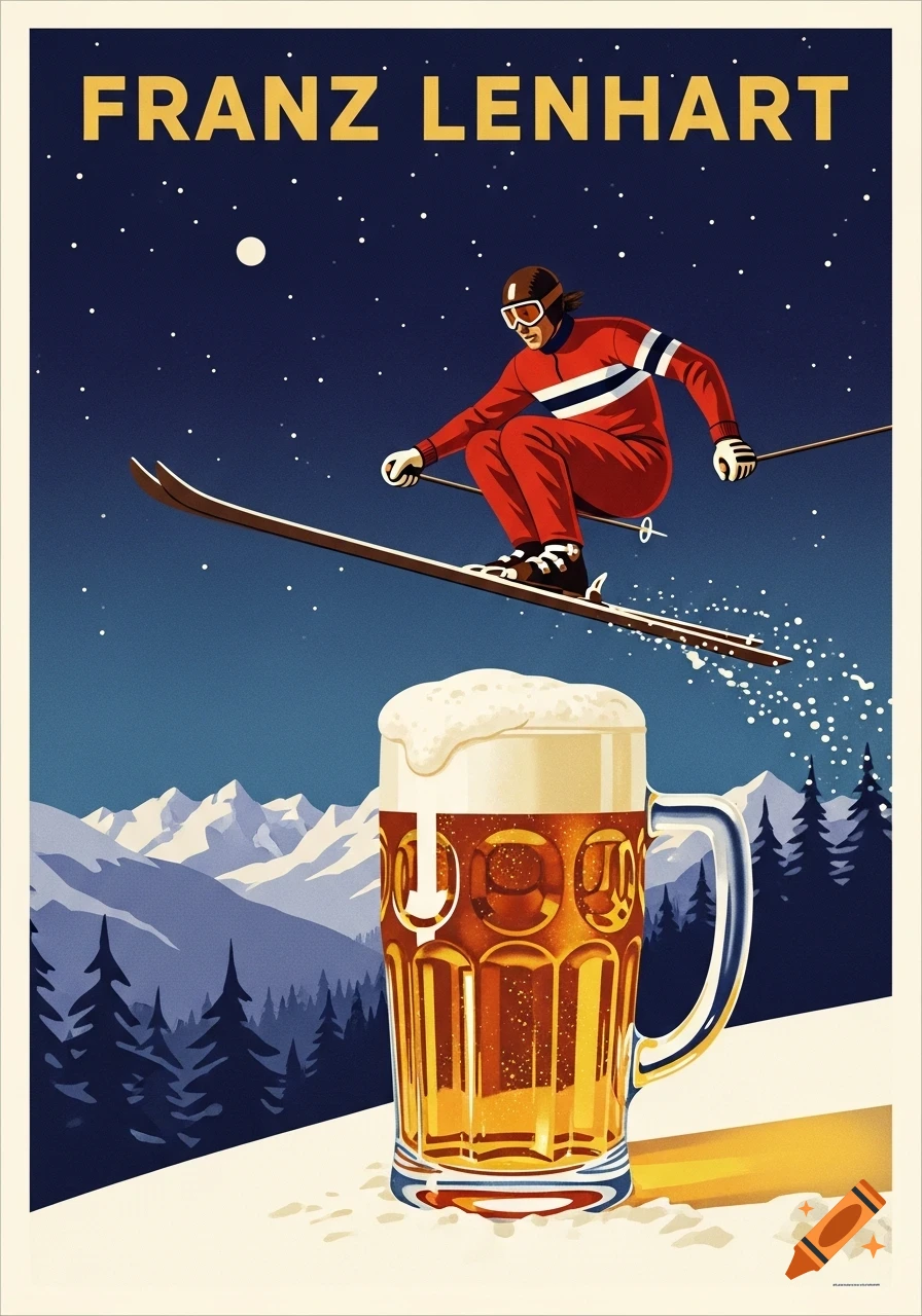 A vintage poster showing a skier in a red suit jumping over a large glass of beer in a snowy mountain landscape at night, under a starry sky. The text "FRANZ LENHART" is at the top.