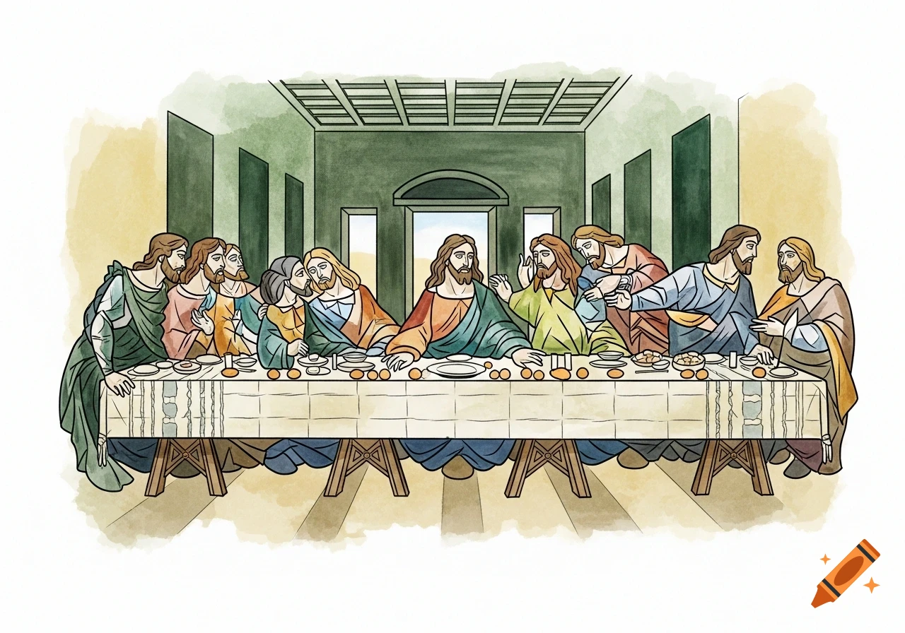 Cubist watercolor illustration of The Last Supper, with Jesus and his disciples gathered at a long table.