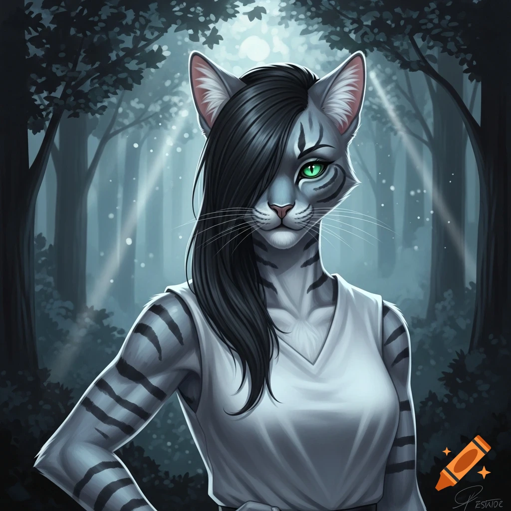 Digital painting of a humanoid grey striped cat with emerald eyes and black sidecut hair, wearing a white tank top, standing in a moonlit forest.