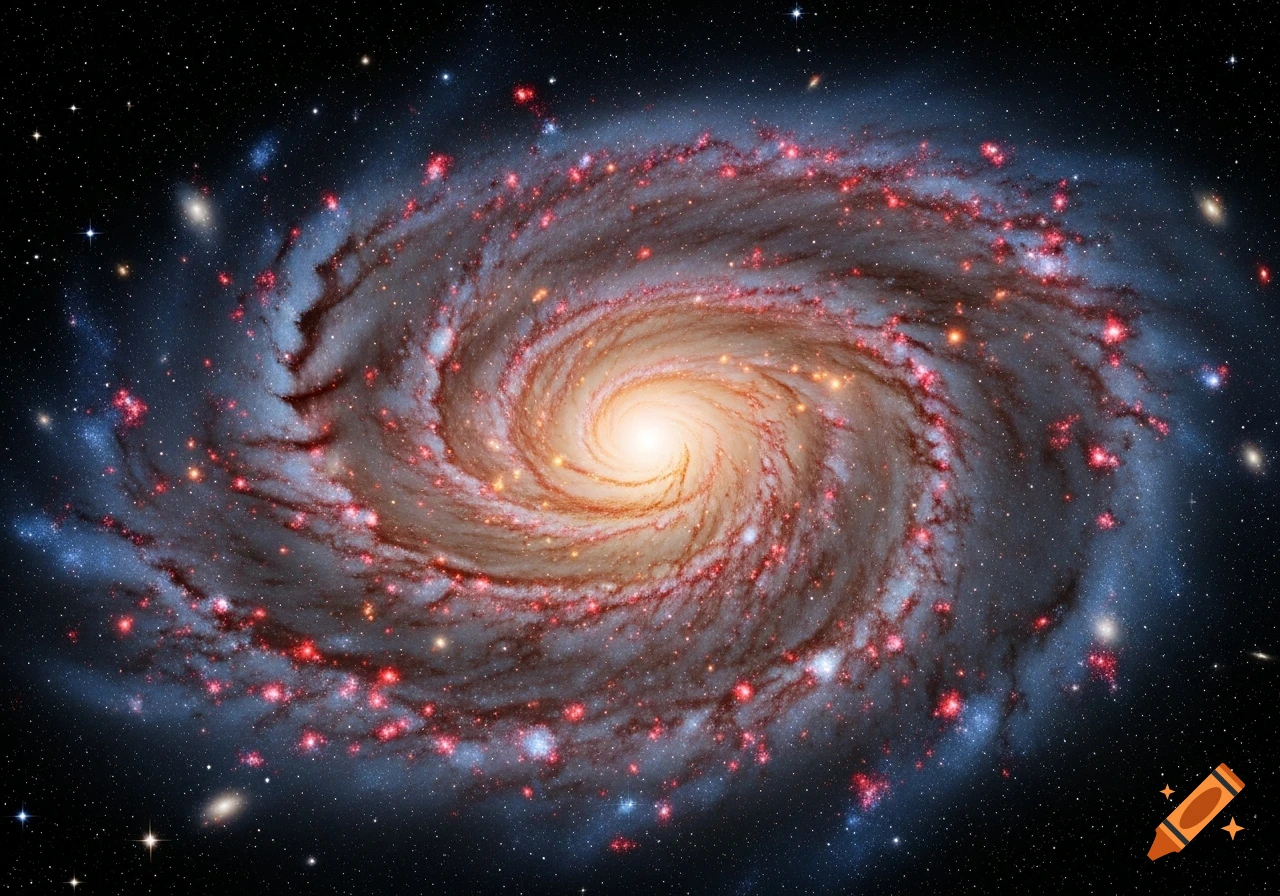 A vibrant spiral galaxy with a bright yellow core and red star-forming regions against a dark, star-filled cosmic background.