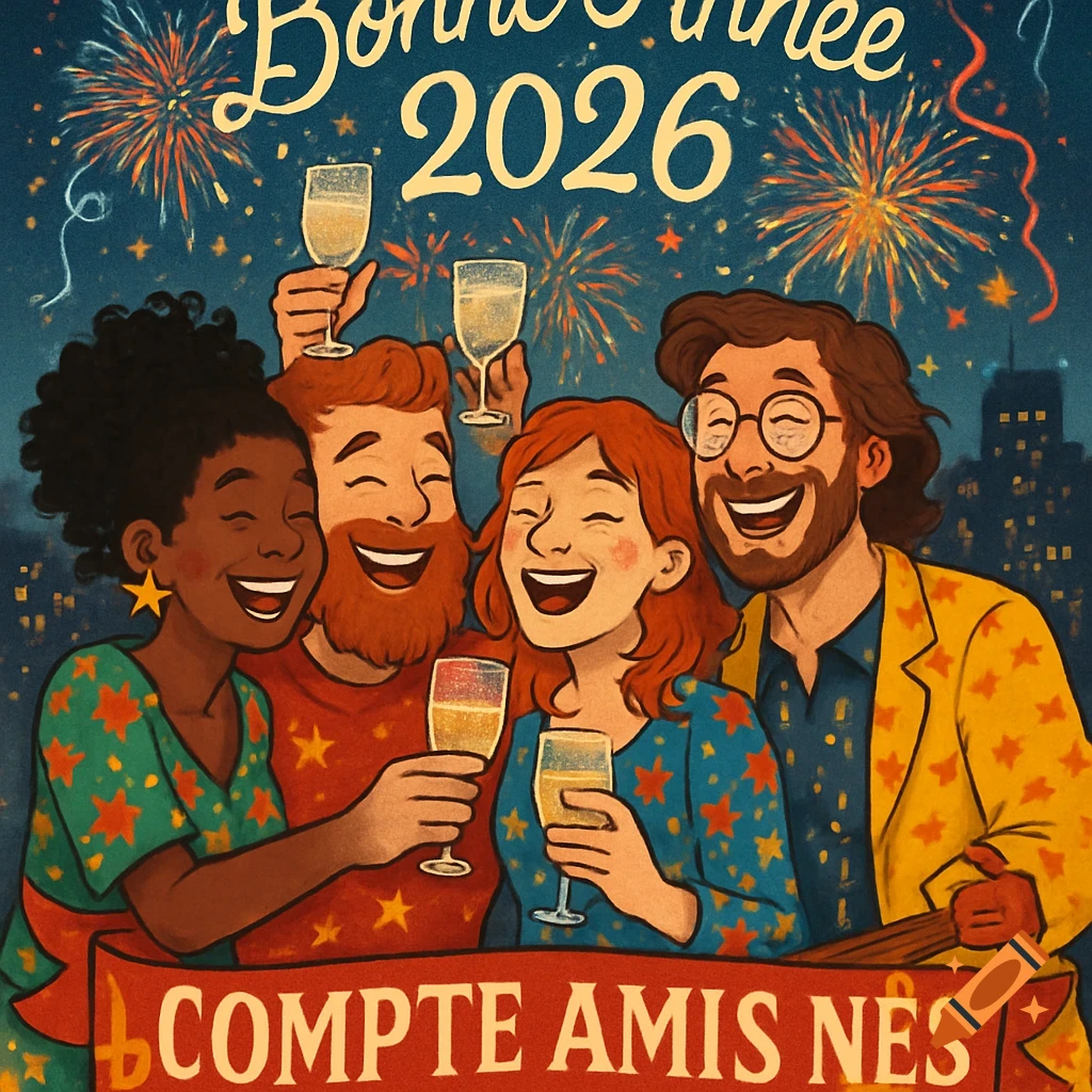 A cartoon illustration of four diverse friends celebrating New Year's Eve 2026 with fireworks and champagne.