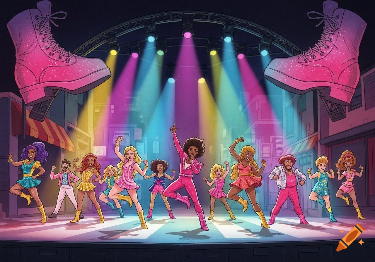 A diverse group of cartoon people dancing on a colorful stage under spotlights, with two giant glittery pink boots above.