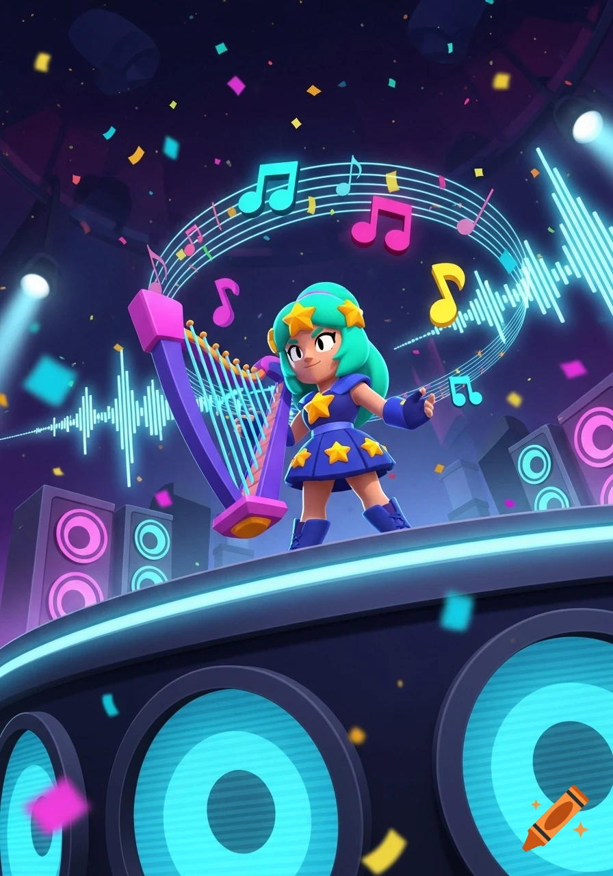 Brawl Stars character Melody plays a harp on a vibrant stage with neon musical notes and confetti.