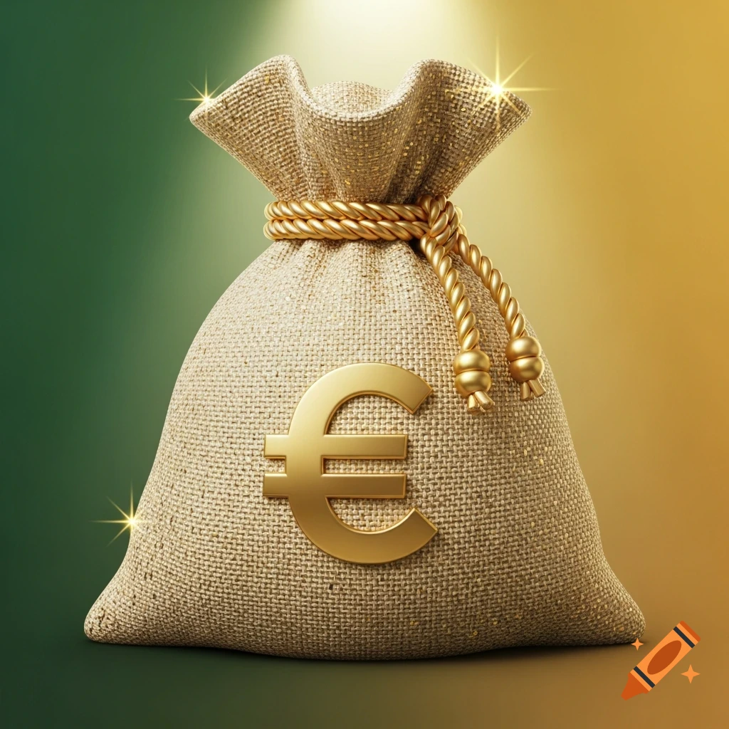 Photorealistic burlap money bag with a golden Euro symbol and rope against a green and gold background.