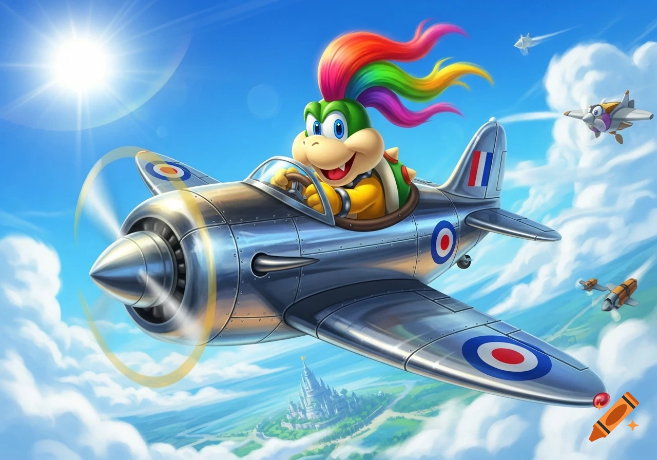 Lemmy Koopa flies a silver propeller plane with British flag markings through a bright blue sky filled with white clouds, above a distant castle.